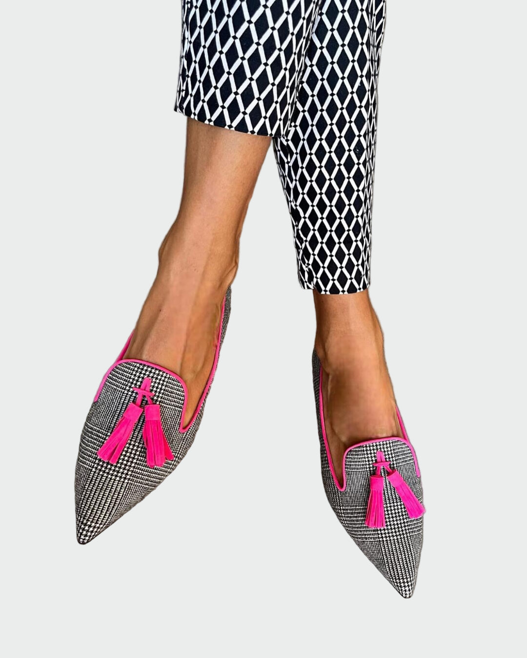 checked fuchsia loafers