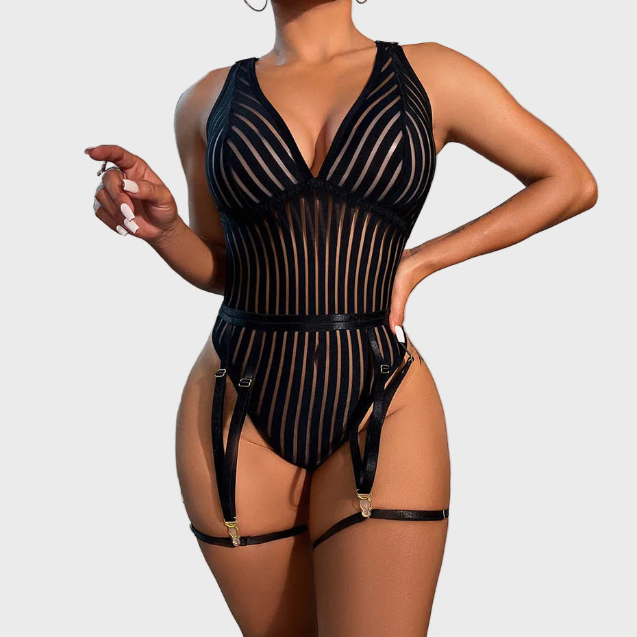 Midnight Stripes Garter Bodysuit