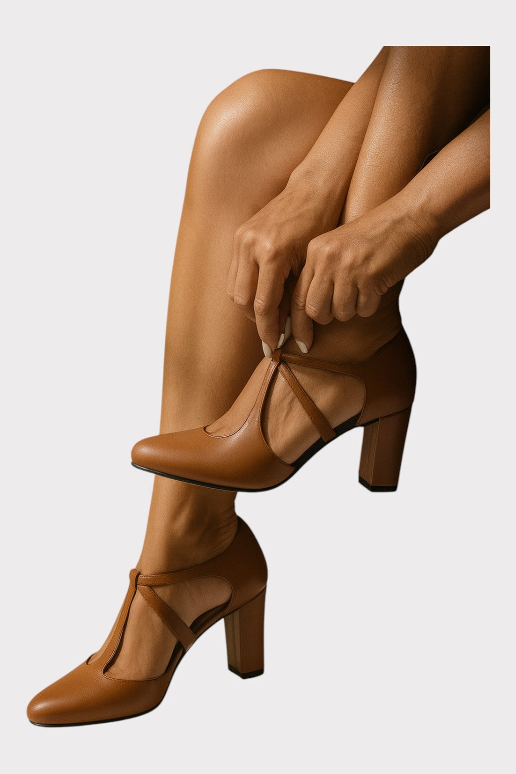 T-Strap Block Heel Pumps – Caramel Brown