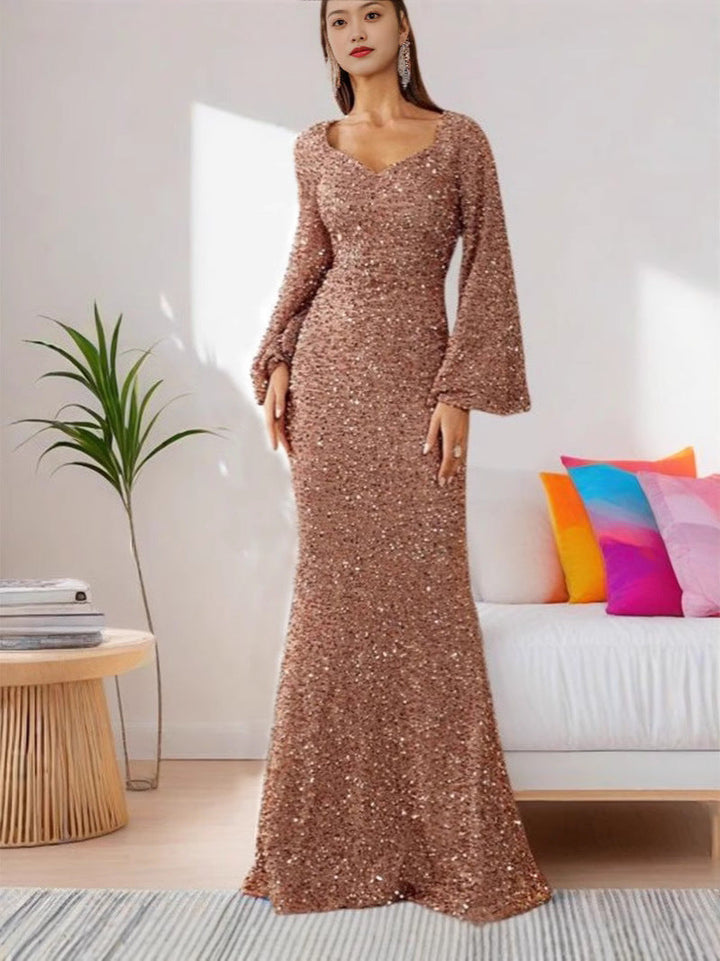 Bodycon Dress with V-Neck and Sequins with Bell Sleeves