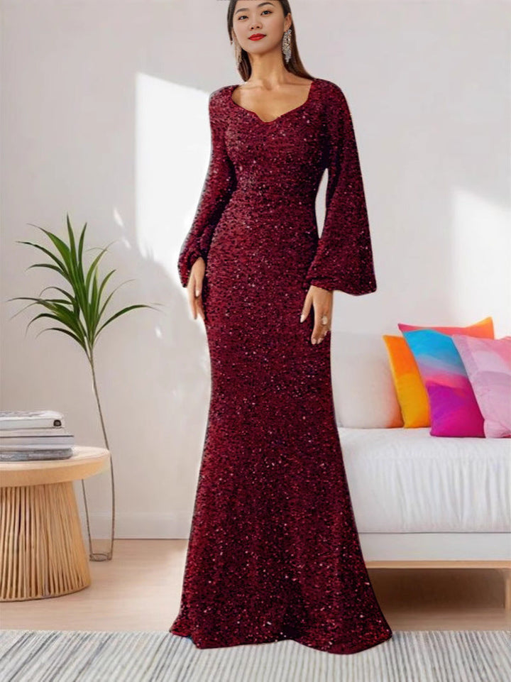 Bodycon Dress with V-Neck and Sequins with Bell Sleeves