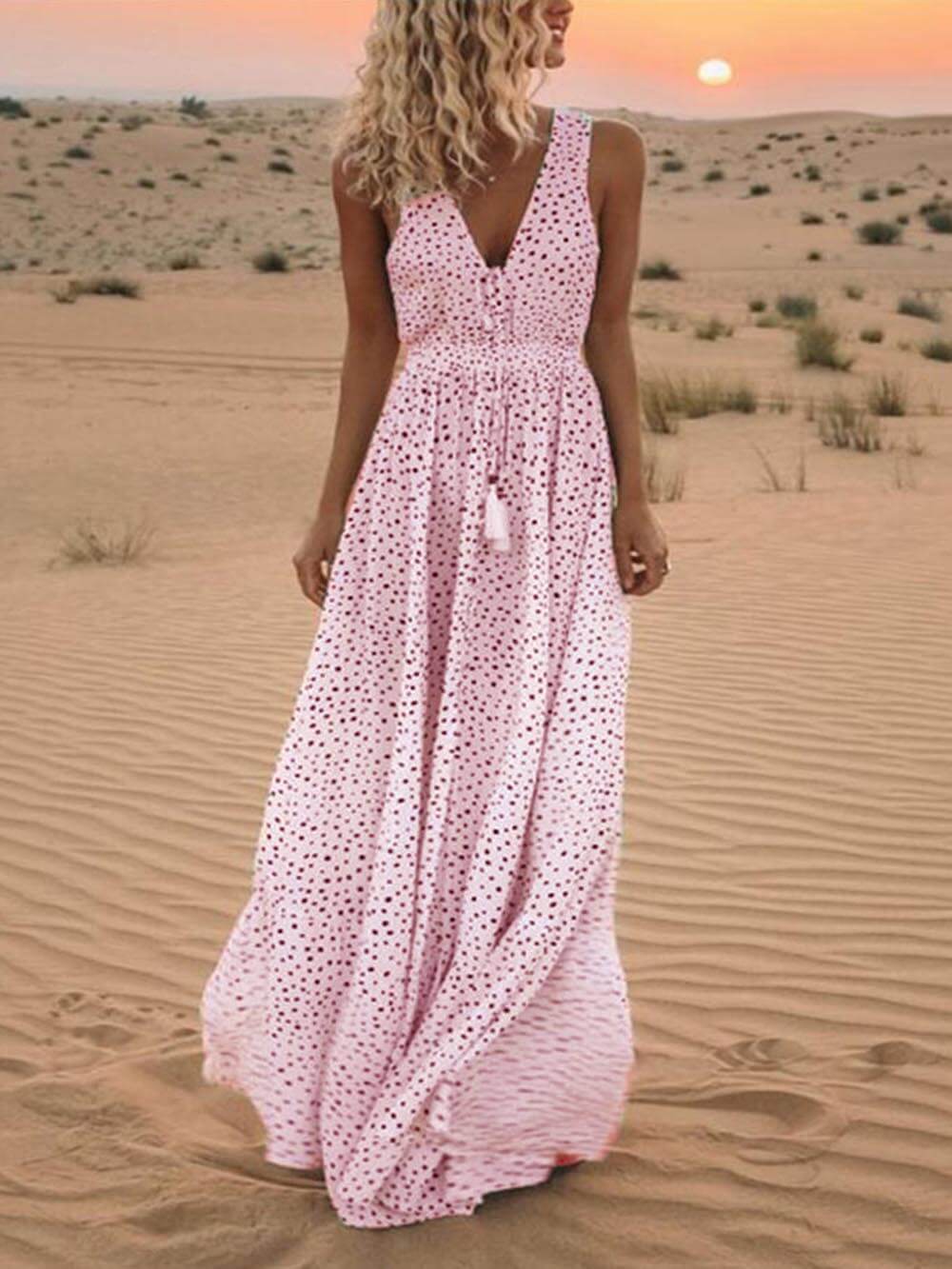 Bohemian Maxi Sleeveless Polka Dot Dress with V-Neck