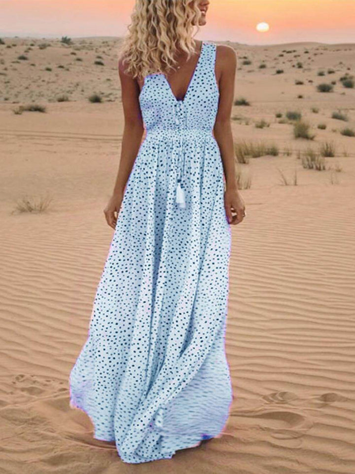 Bohemian Maxi Sleeveless Polka Dot Dress with V-Neck