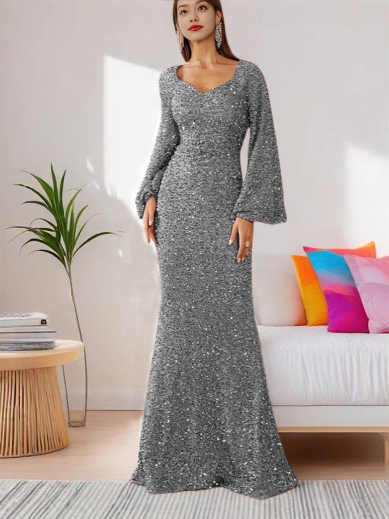 Bodycon Dress with V-Neck and Sequins with Bell Sleeves