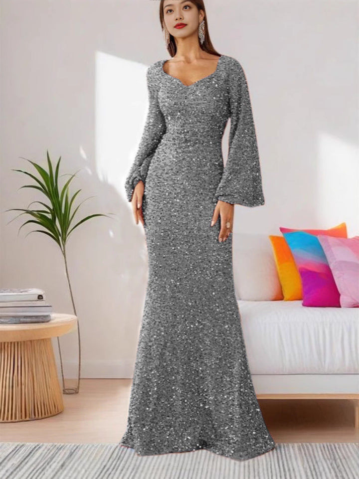 Bodycon Dress with V-Neck and Sequins with Bell Sleeves