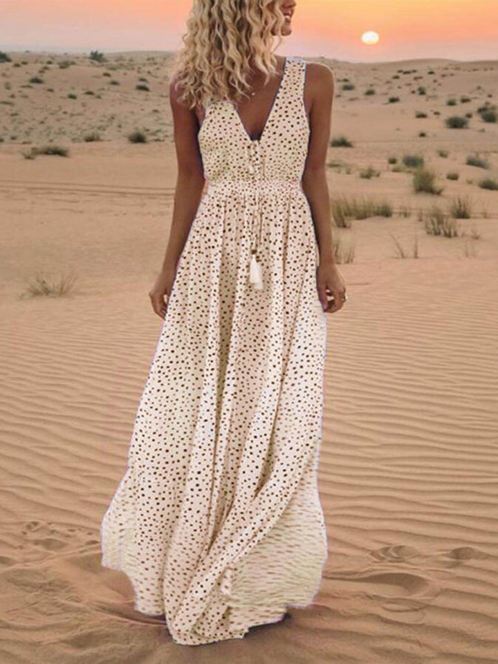 Bohemian Maxi Sleeveless Polka Dot Dress with V-Neck
