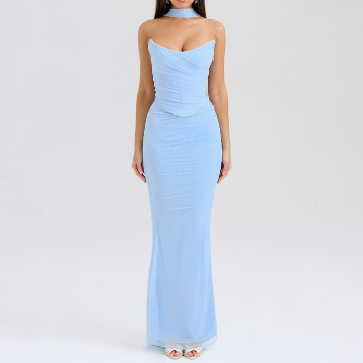 Blue strapless bodice and high-waisted skirt with tie set