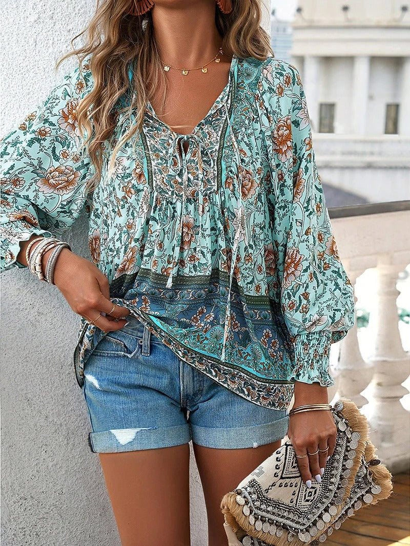 Boho Floral Lace-Up Blouse