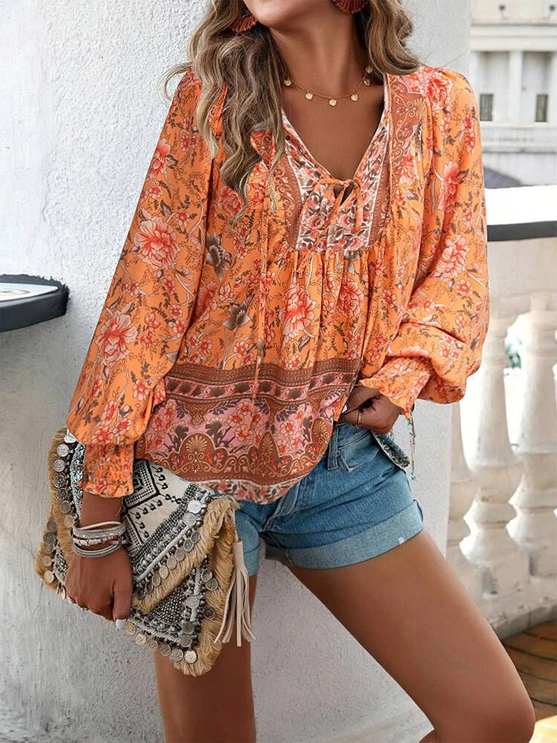 Boho Floral Lace-Up Blouse