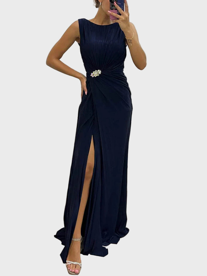 Green Ruched Slit Evening Gown
