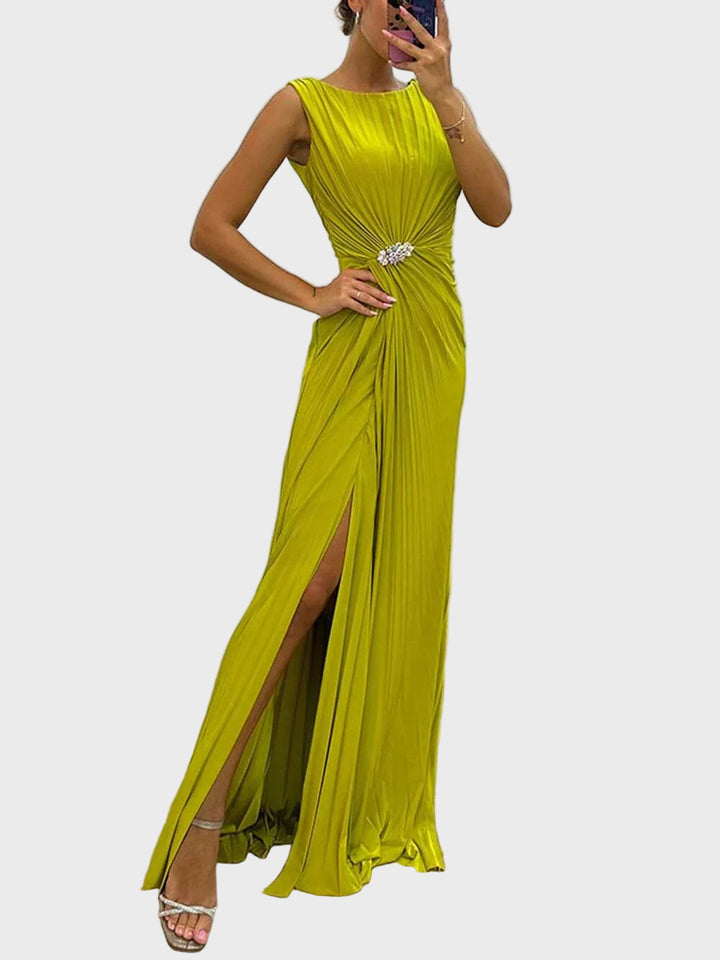Green Ruched Slit Evening Gown