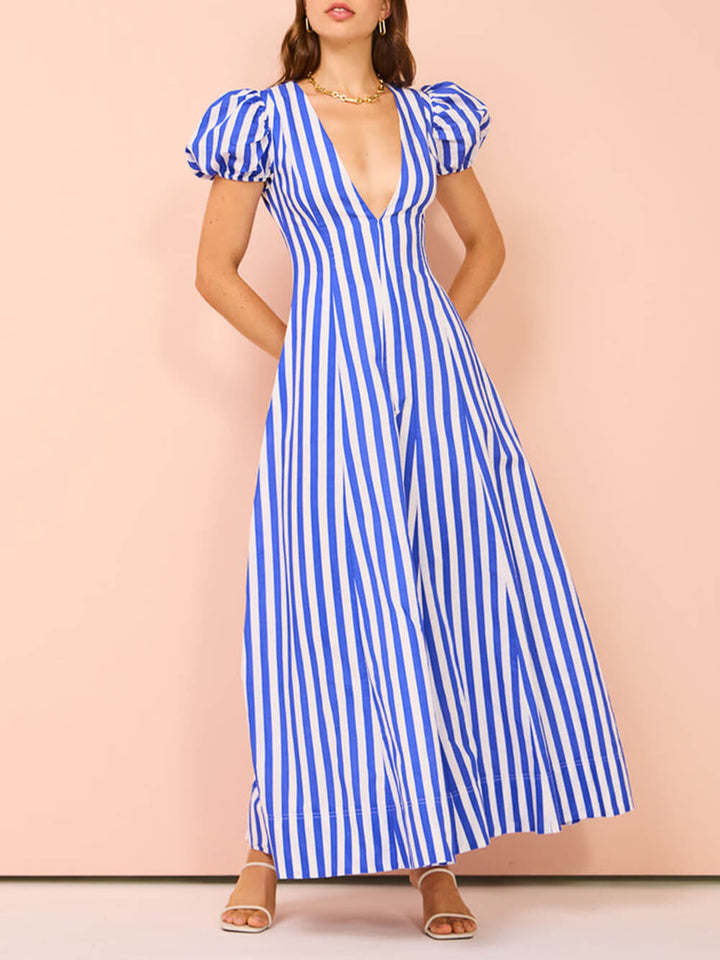 Bubble Sleeve Striped Wavy Maxi Dress