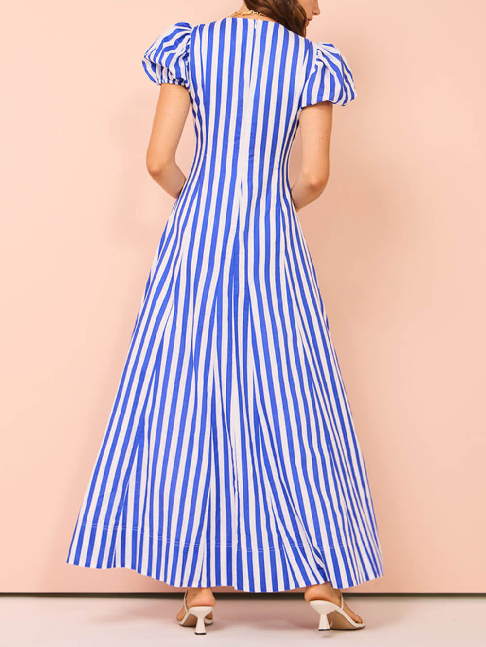 Bubble Sleeve Striped Wavy Maxi Dress