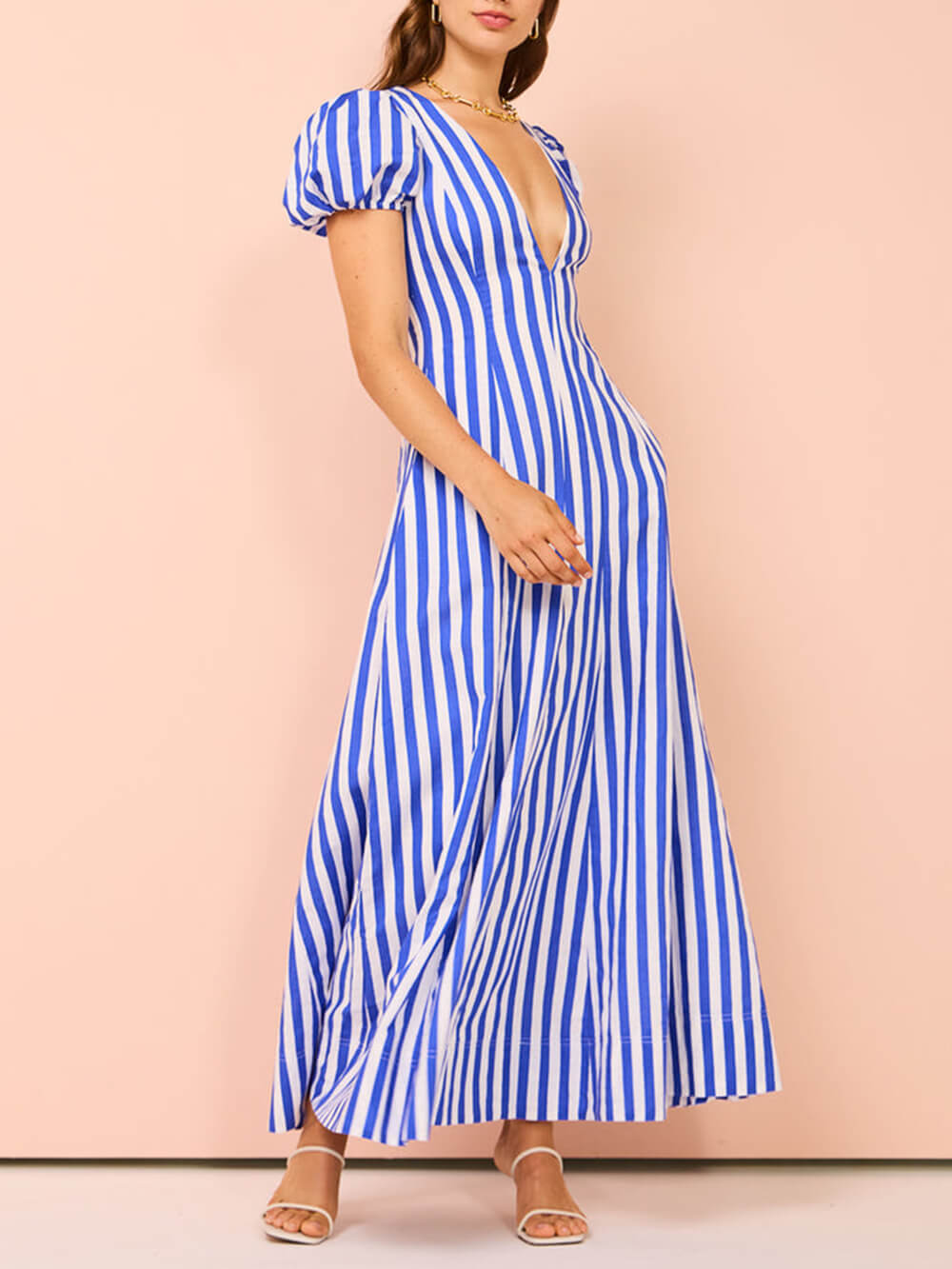 Bubble Sleeve Striped Wavy Maxi Dress