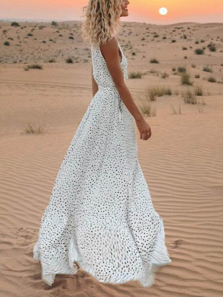 Bohemian Maxi Sleeveless Polka Dot Dress with V-Neck