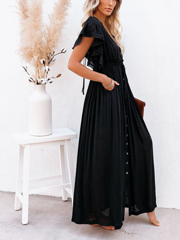 Buttoned Cotton Linen Perfect Boho Maxi Beach Dress