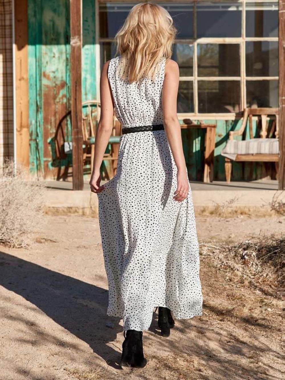 Bohemian Maxi Sleeveless Polka Dot Dress with V-Neck