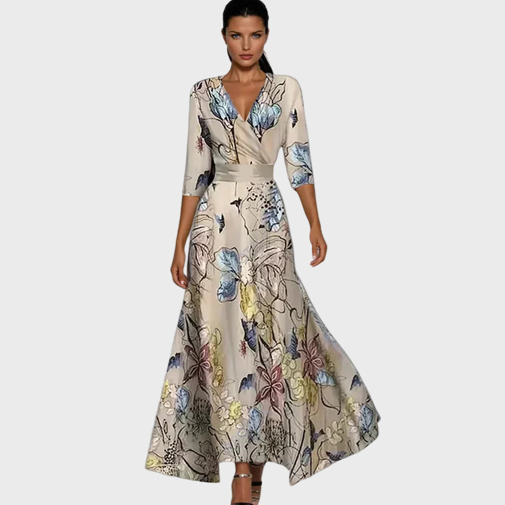 Elegant Beige Floral Maxi Dress