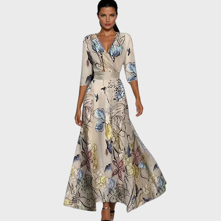 Elegant Beige Floral Maxi Dress
