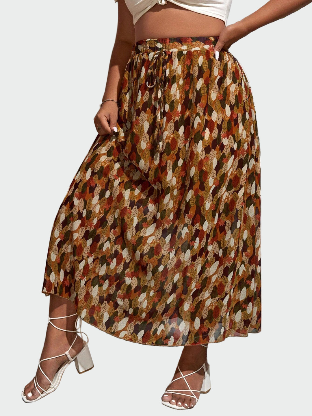 Autumn Leaf Print Midi Skirt