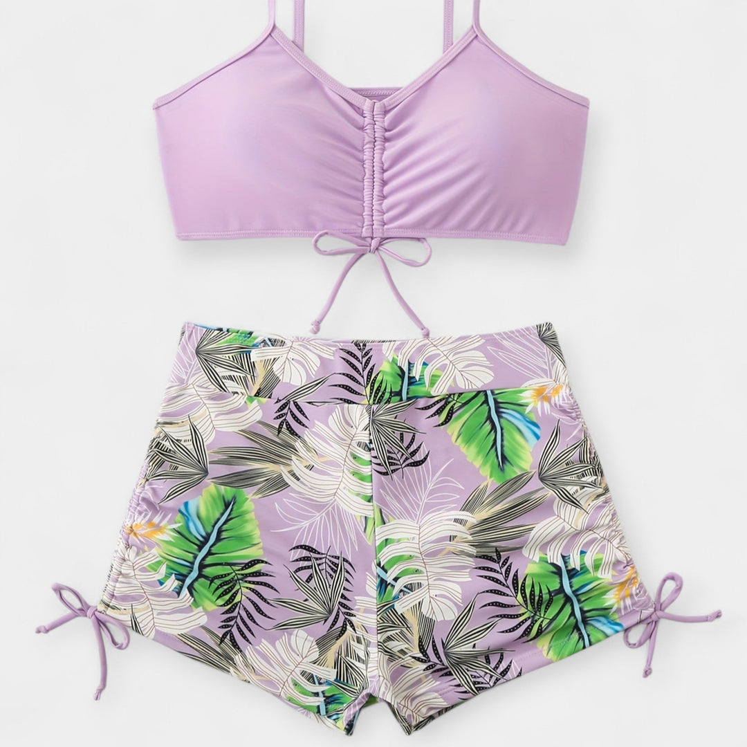 High-Waisted Bikini with Tropical Print and Straps