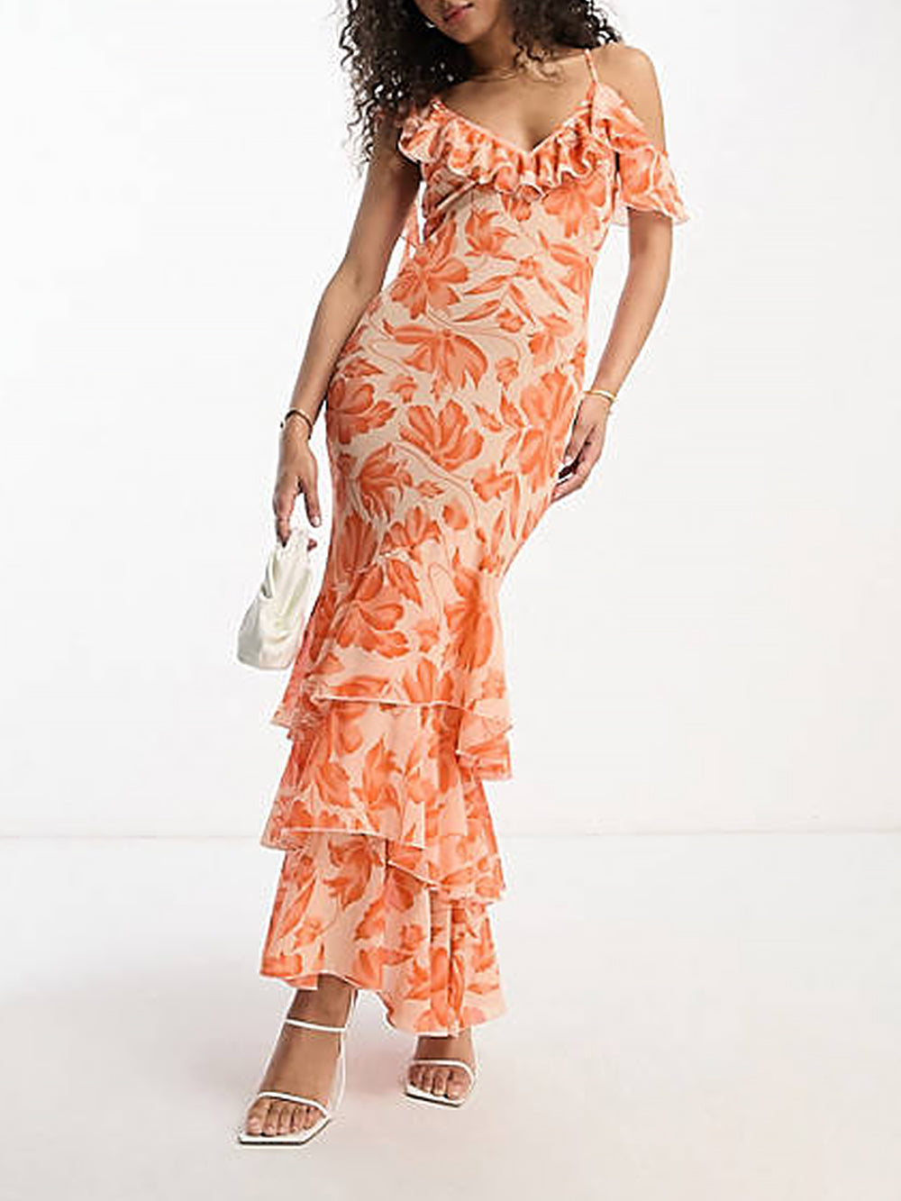 Asymmetric Maxi Shoulder Dress in Orange Floral Jacquard
