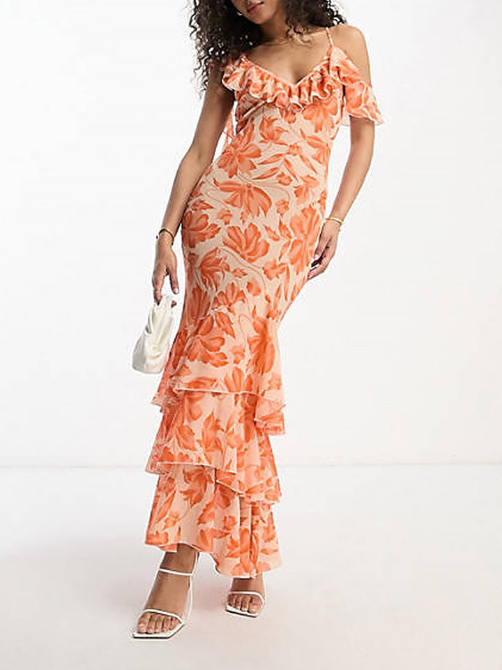 Asymmetric Maxi Shoulder Dress in Orange Floral Jacquard