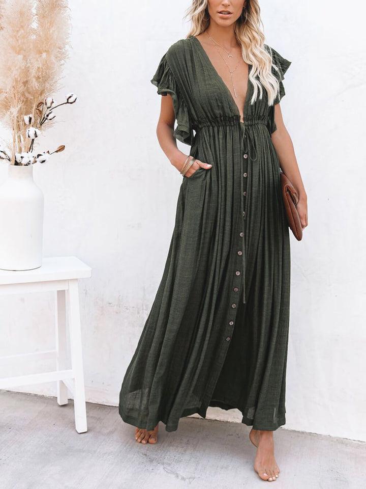 Buttoned Cotton Linen Perfect Boho Maxi Beach Dress
