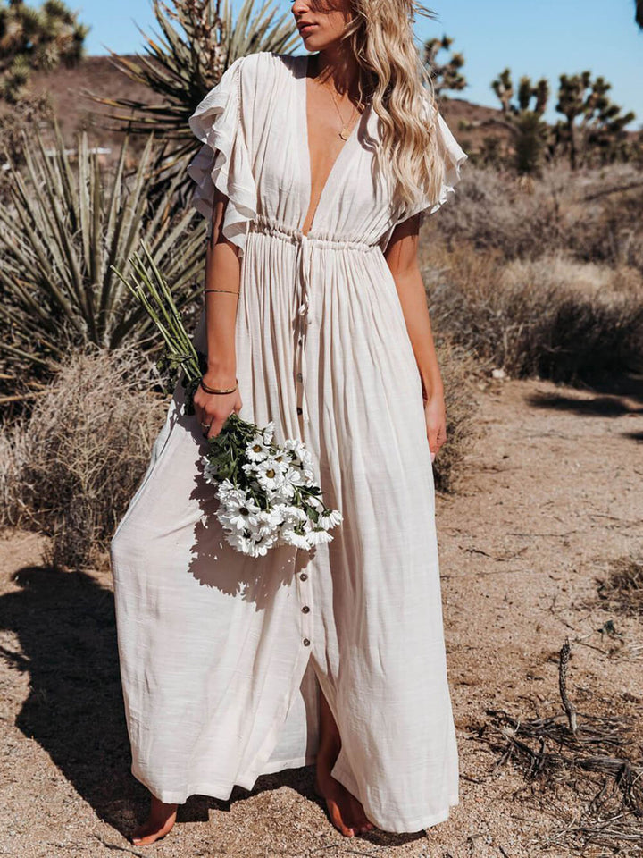 Buttoned Cotton Linen Perfect Boho Maxi Beach Dress