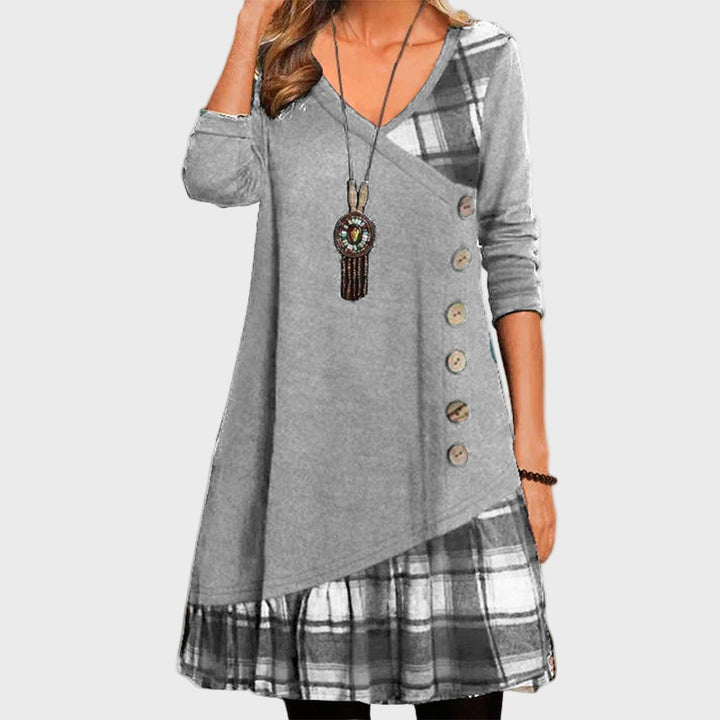 Grey Plaid Button Accent Dress