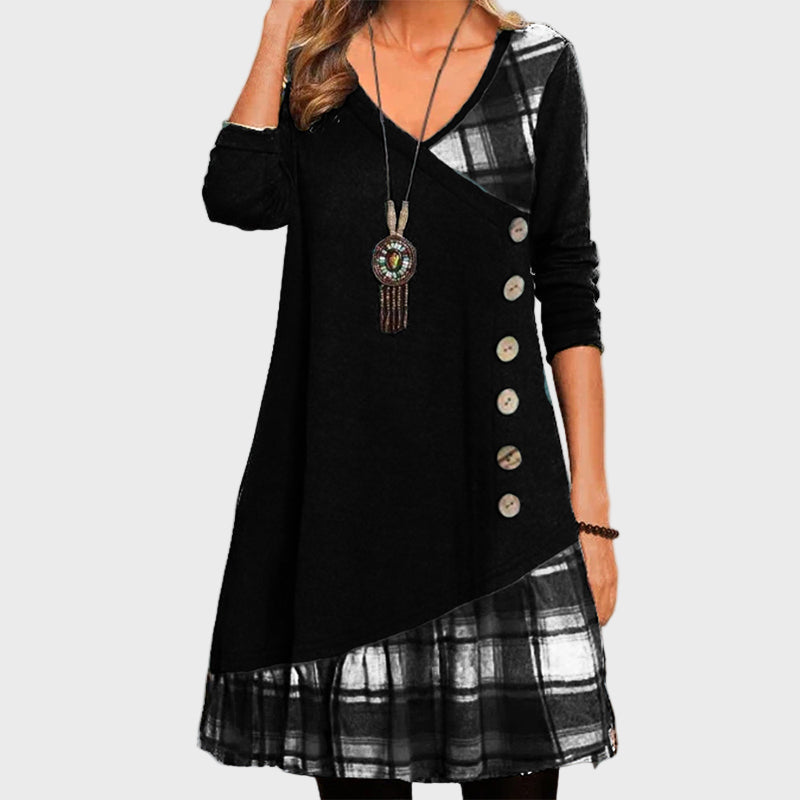 Grey Plaid Button Accent Dress