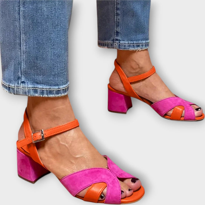 Block color sandals with a comfortable heel