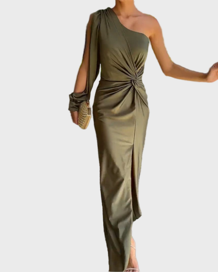 Olive Green One-Shoulder Draped Dress