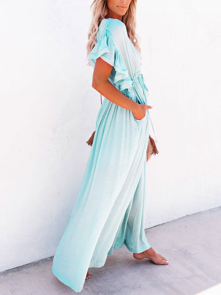 Buttoned Cotton Linen Perfect Boho Maxi Beach Dress