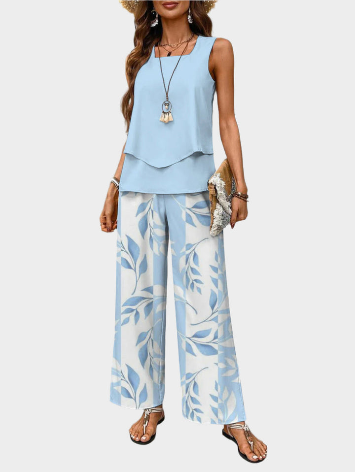 Summer Set with Sleeveless Top and Leaf-Printed Pants