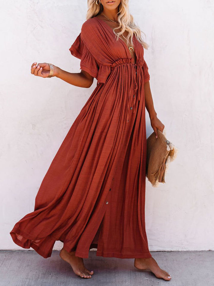 Buttoned Cotton Linen Perfect Boho Maxi Beach Dress