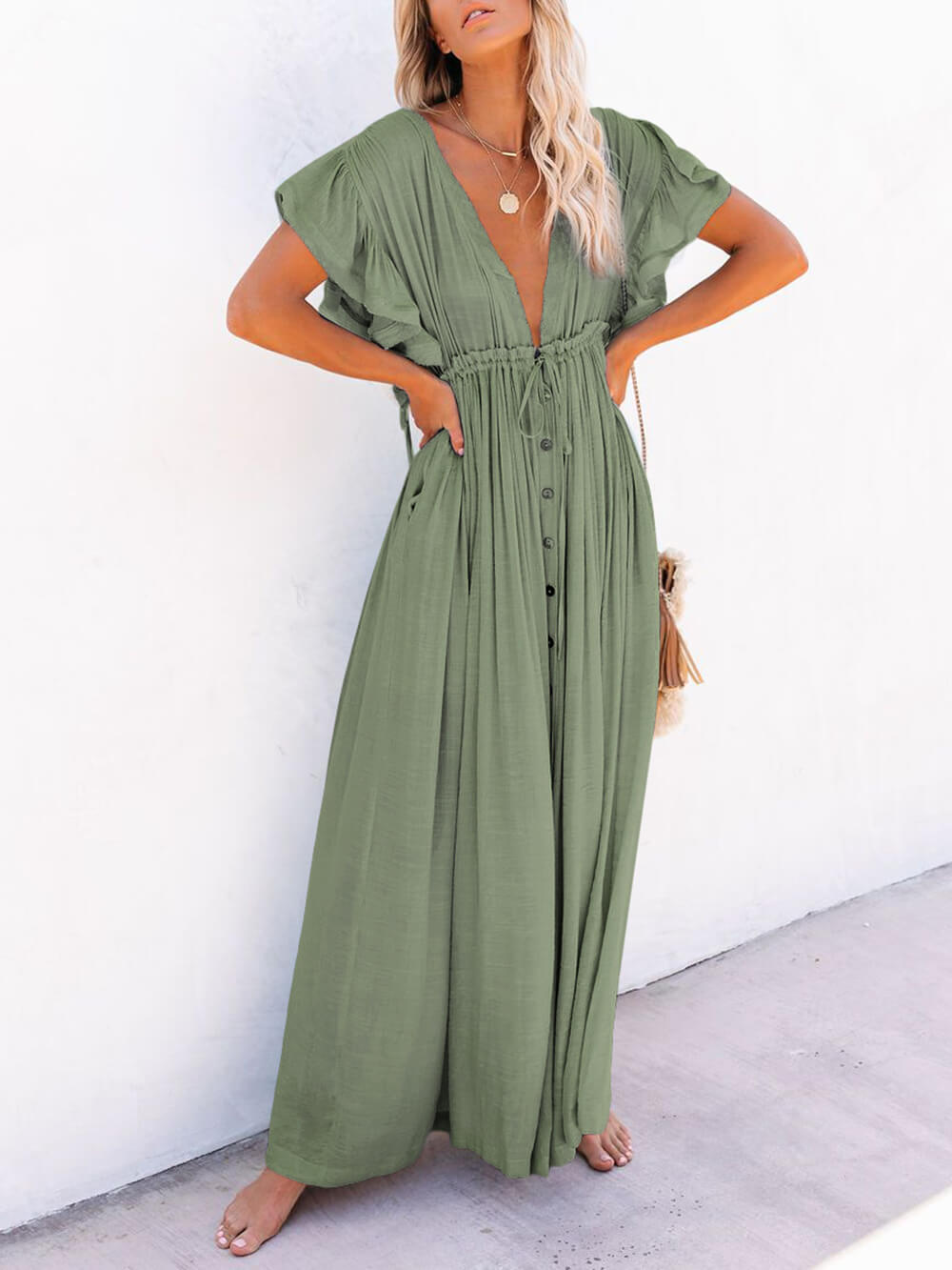 Buttoned Cotton Linen Perfect Boho Maxi Beach Dress