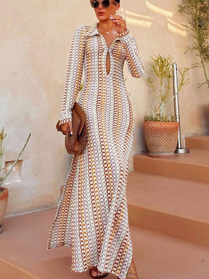 Boho V-neck Collar Ruffled Striped Crochet Beach Vacation Maxi Dress - Brown