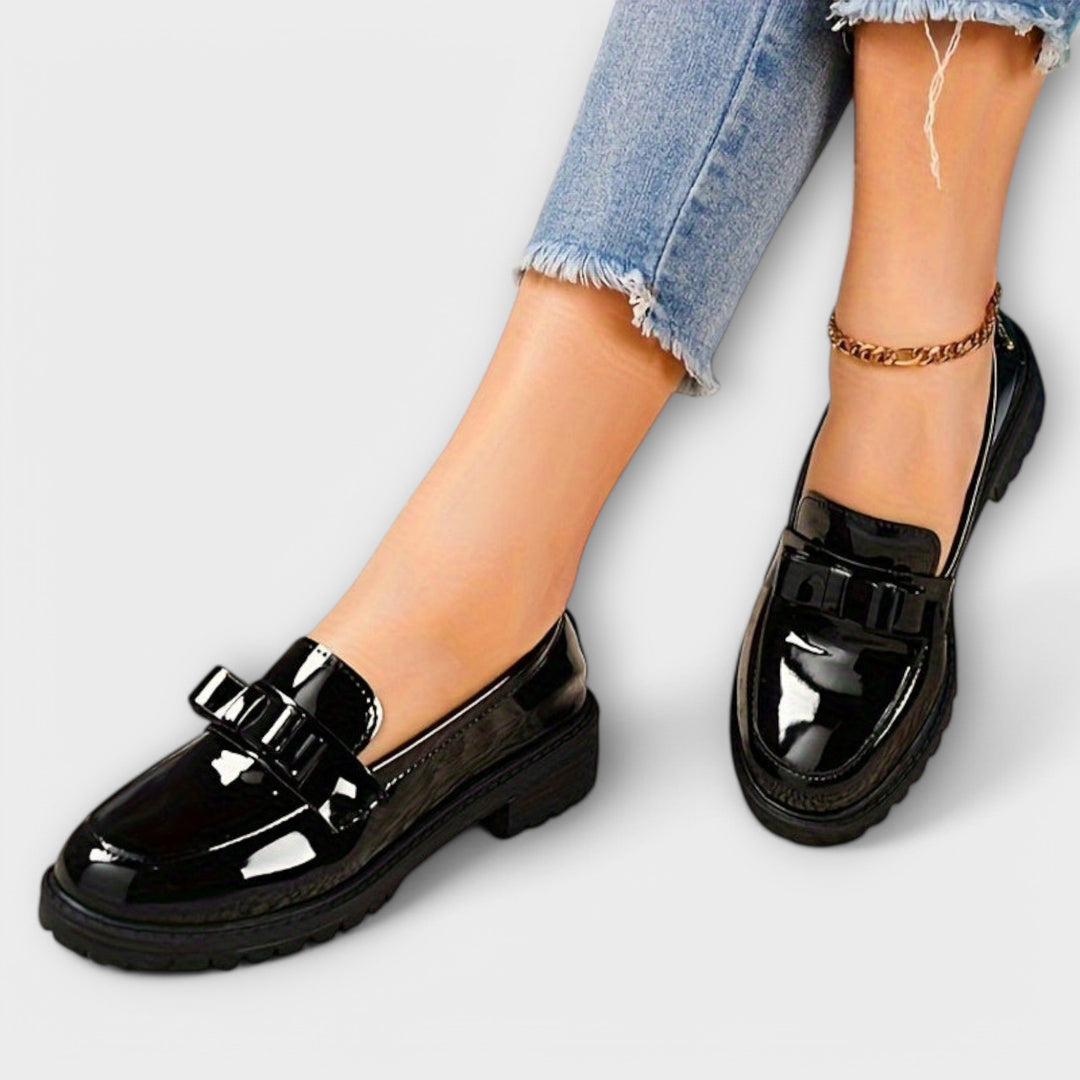 Women's Black Patent Moccasins with Bow