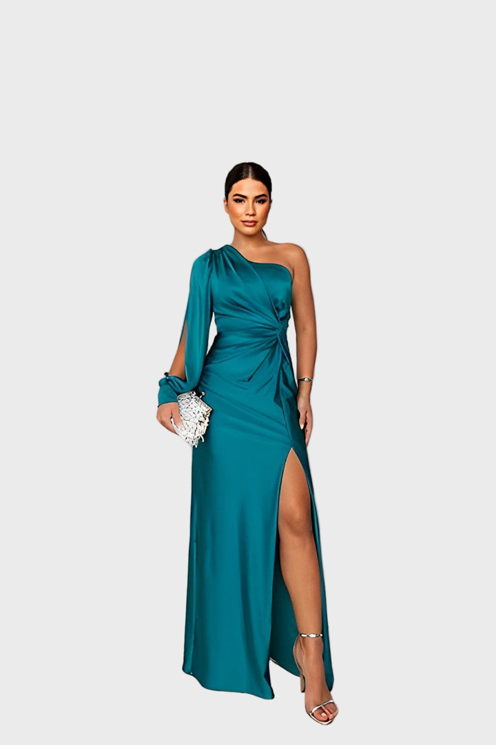 Emerald Allure One-Shoulder Satin Dress