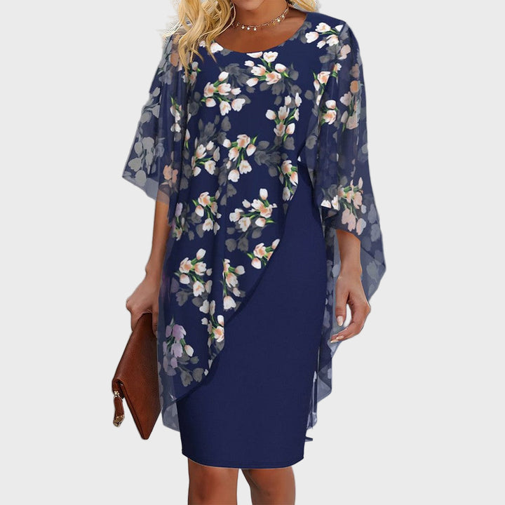 Navy Blue Floral Overlay Dress