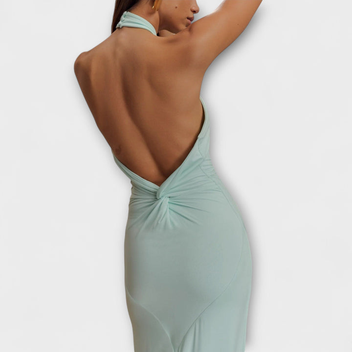 Long Dress with Neck Tie and Satin Texture