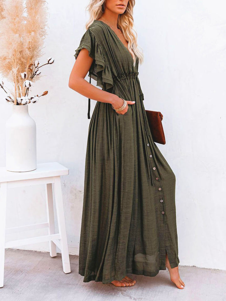 Buttoned Cotton Linen Perfect Boho Maxi Beach Dress