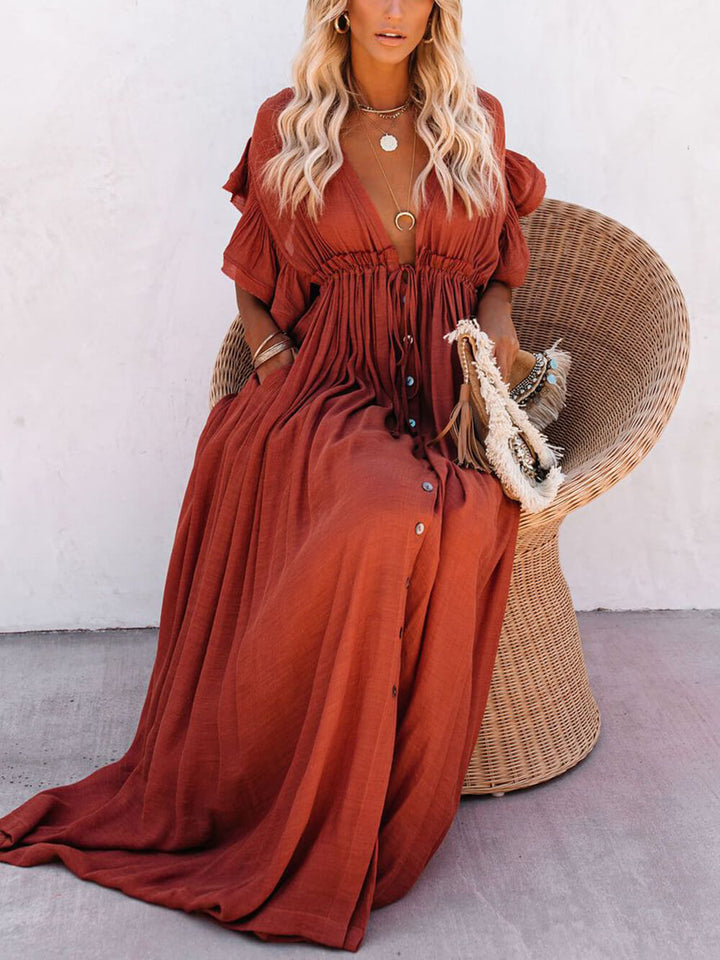 Buttoned Cotton Linen Perfect Boho Maxi Beach Dress