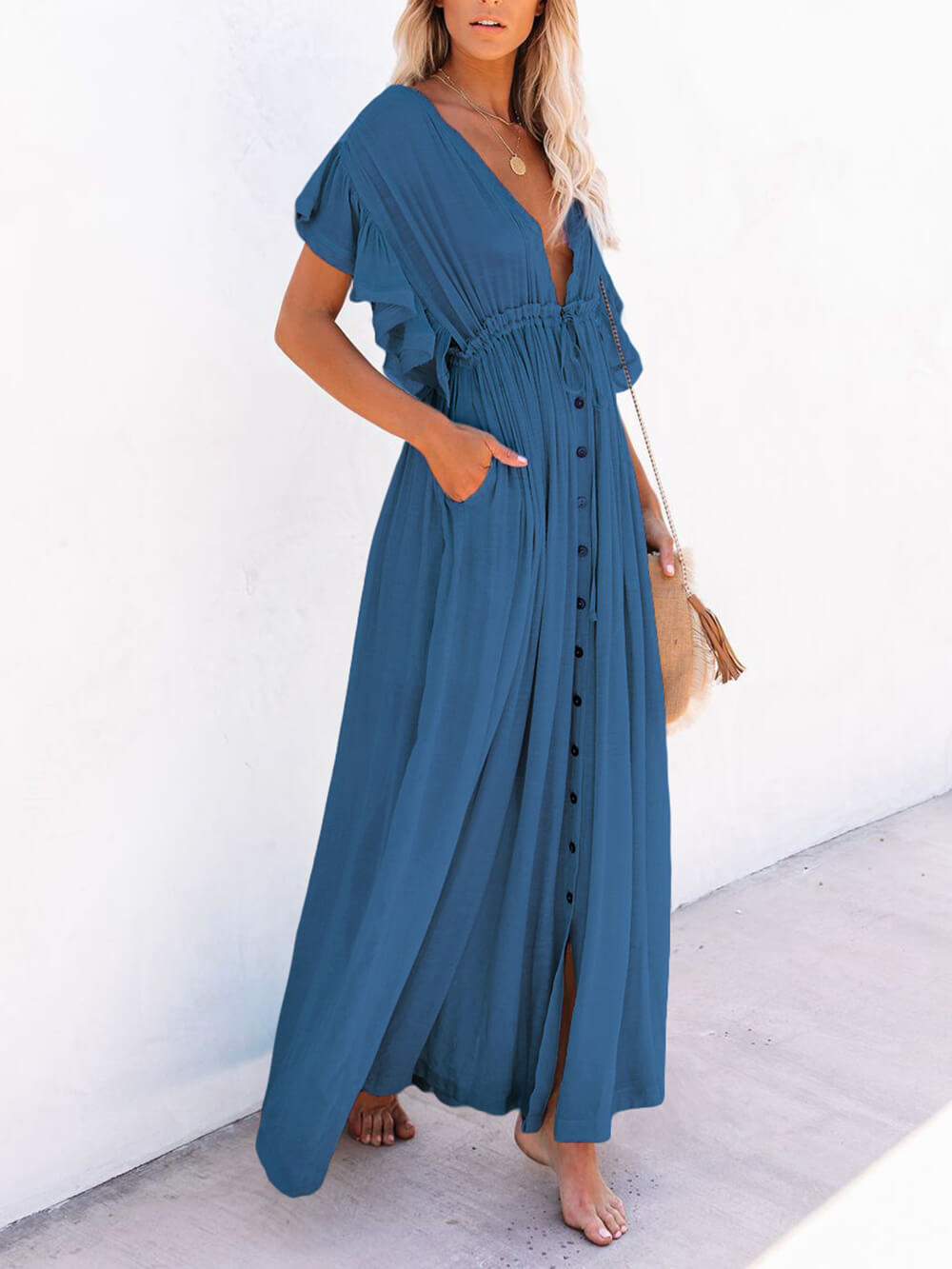 Buttoned Cotton Linen Perfect Boho Maxi Beach Dress