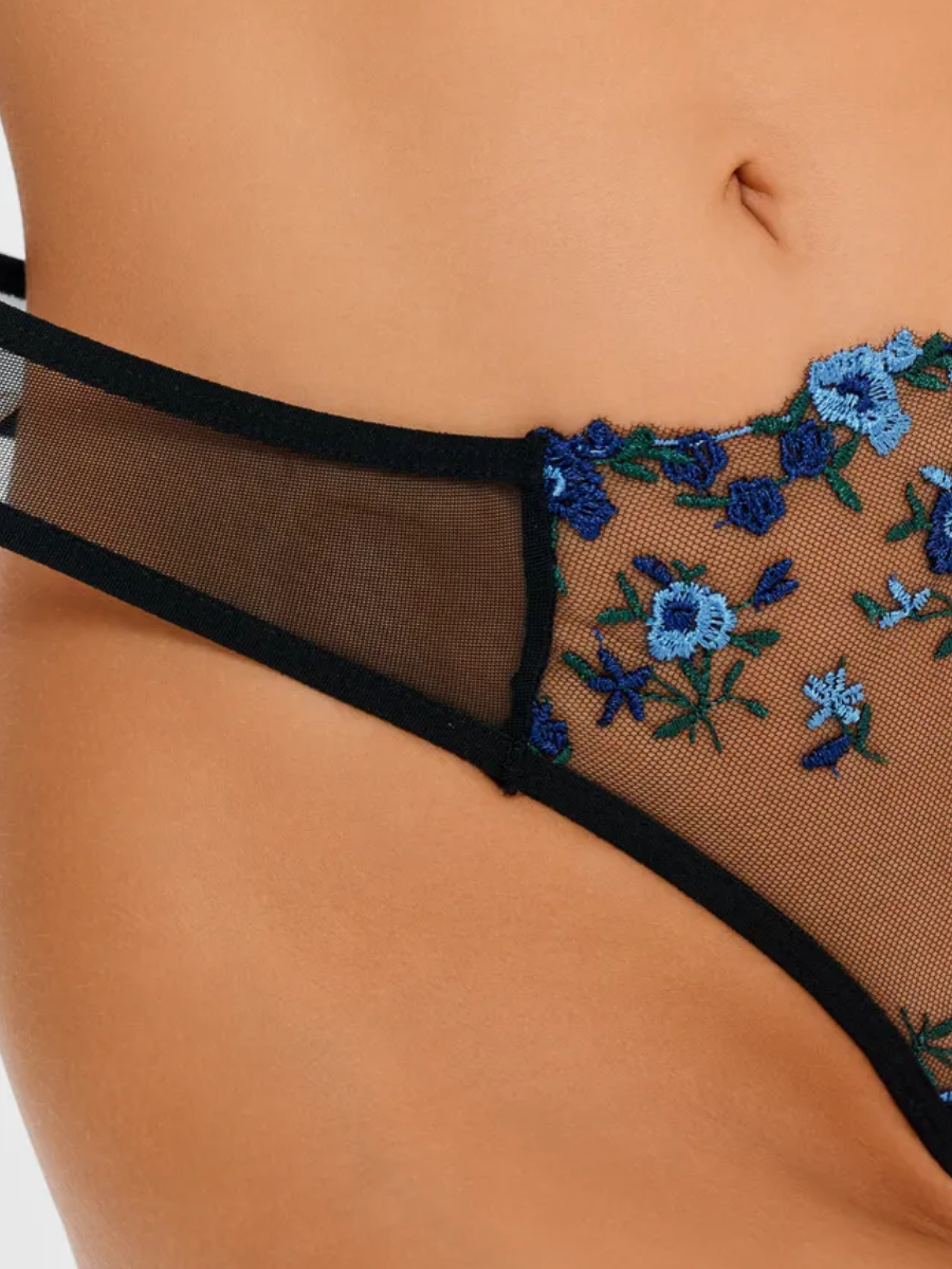 Black Sheer Lingerie Set with Blue Floral Embroidery
