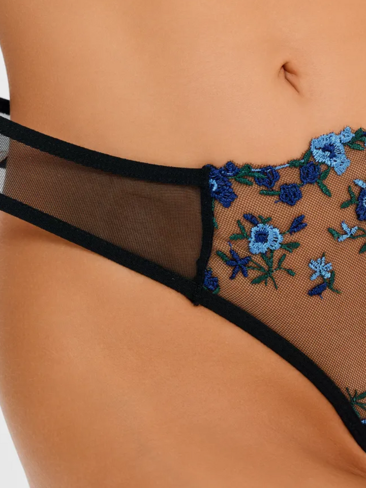 Black Sheer Lingerie Set with Blue Floral Embroidery