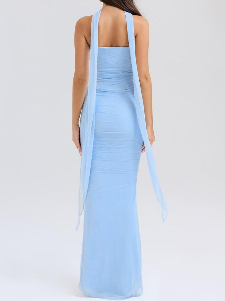 Blue strapless bodice and high-waisted skirt with tie set