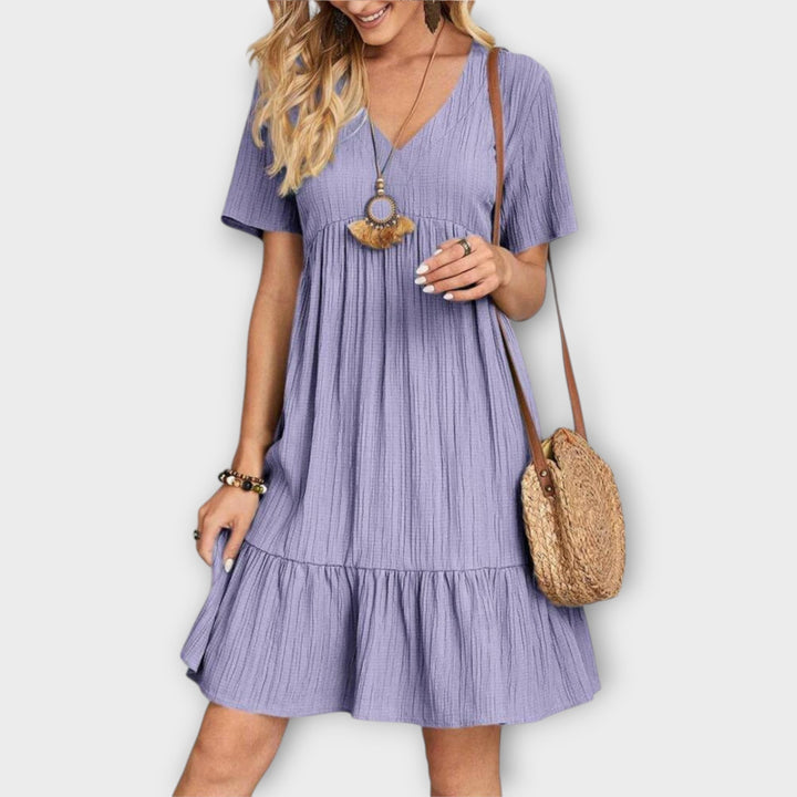Summer Boho Dress with Pleats and Short Sleeve