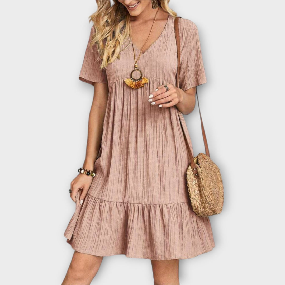 Summer Boho Dress with Pleats and Short Sleeve